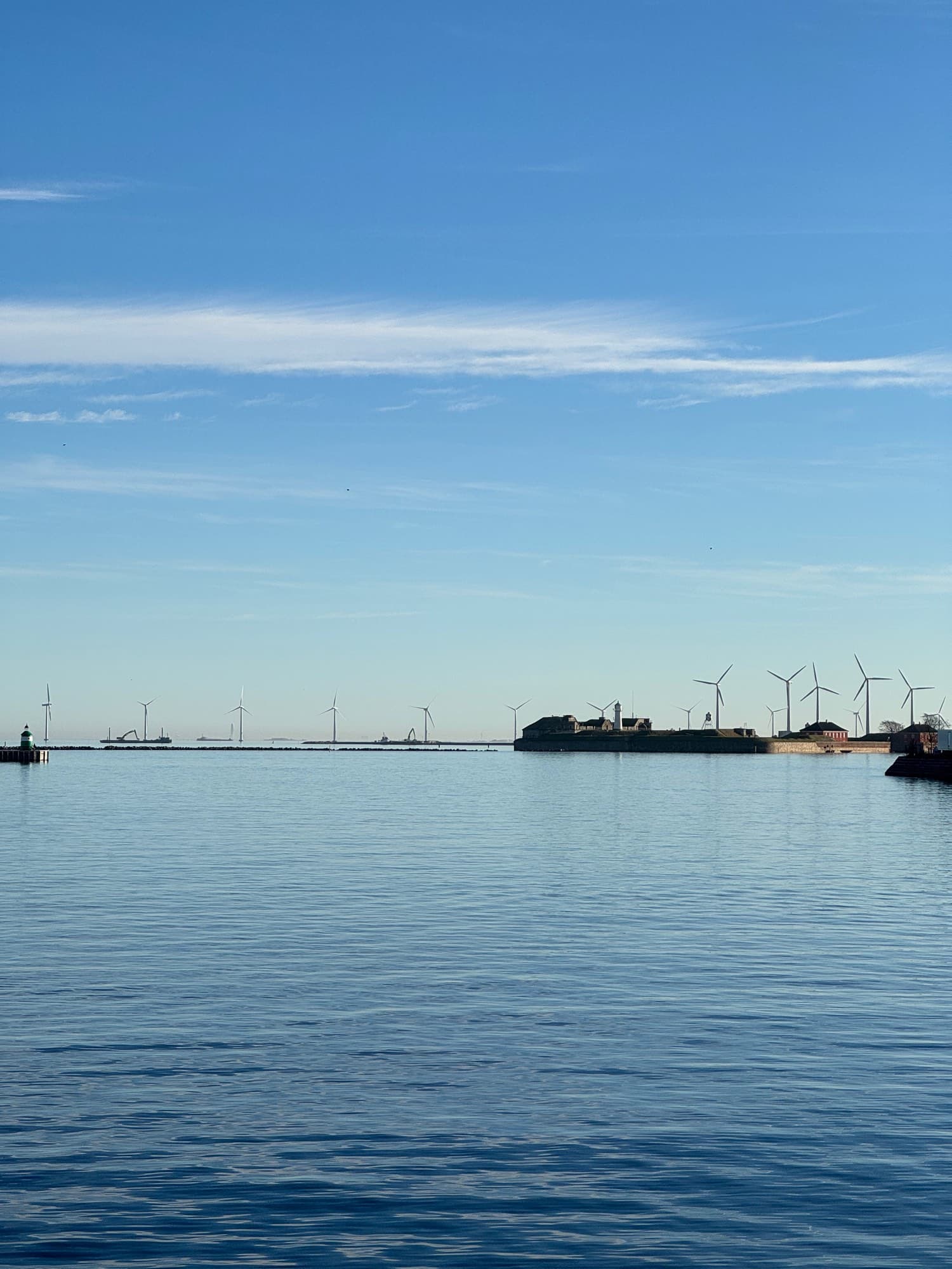 Copenhagen harbour mouth, fort and offshore wind turbines